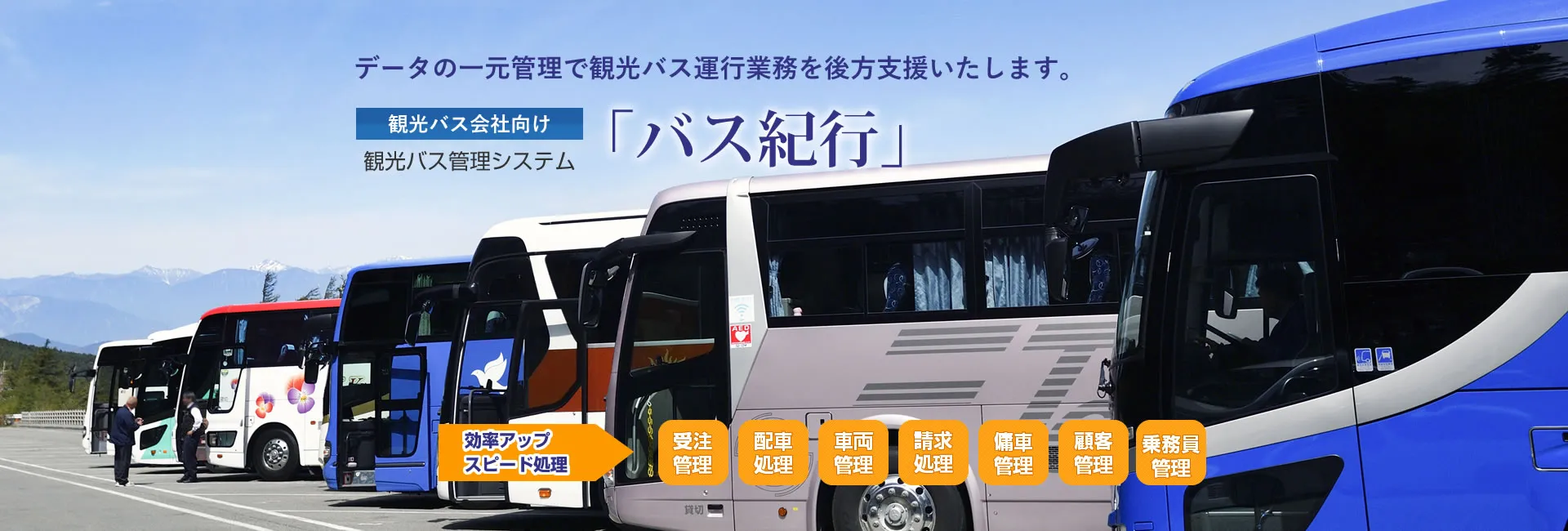 観光バス会社向けバス管理システム「バス紀行」で受注や車両、顧客、乗務員の管理や、配車処理など、運行業務を支援いたします